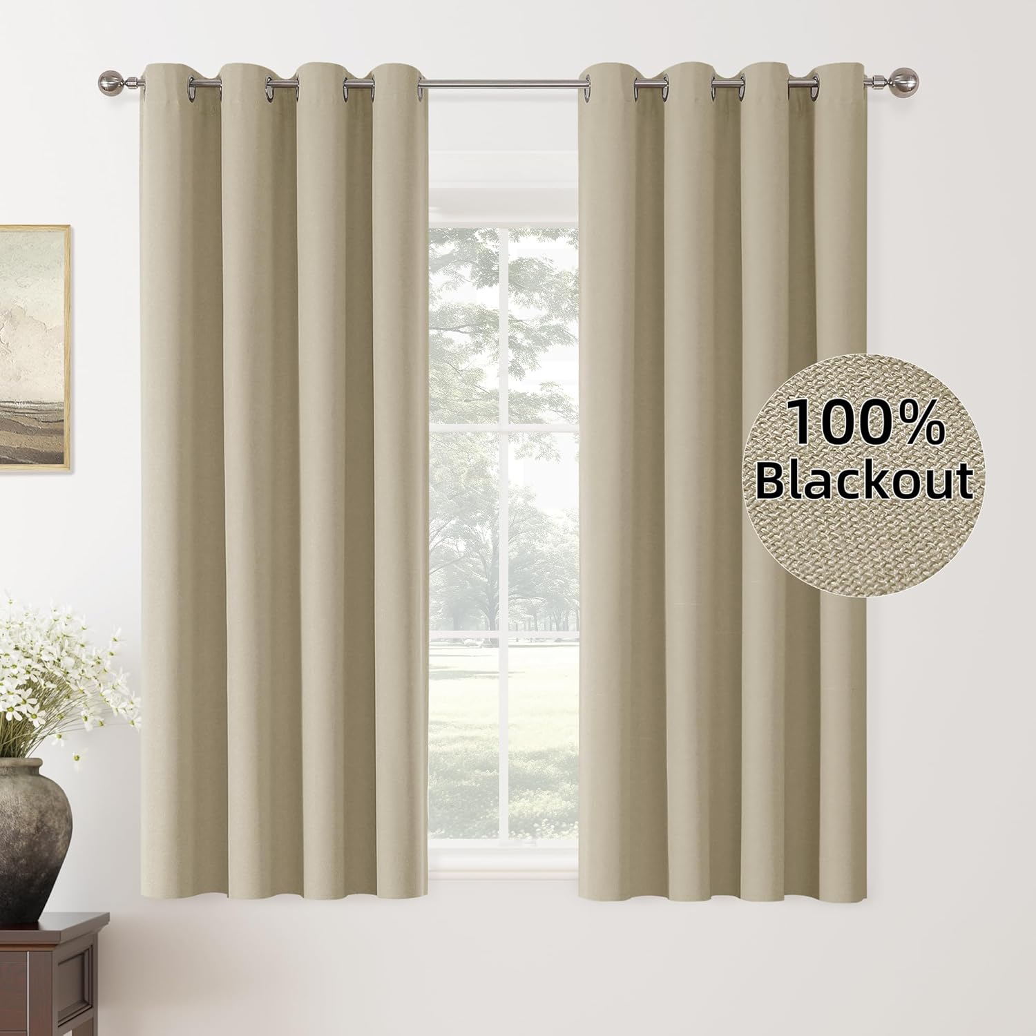 ChrisDowa 100% Blackout Tan Solid Curtains for Home Decor