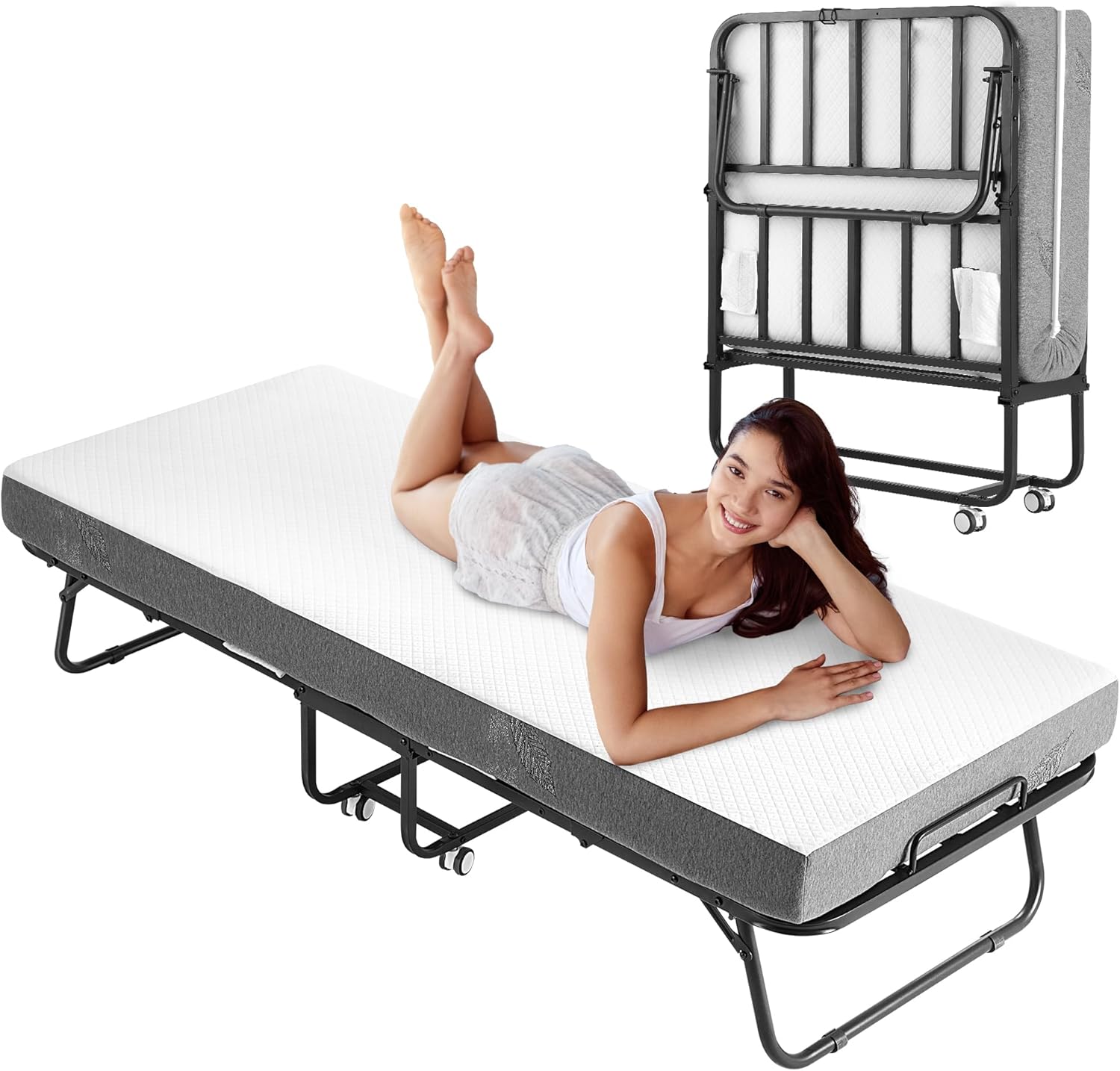 Folding Bed with Foam Mattress for Guests, Portable Design