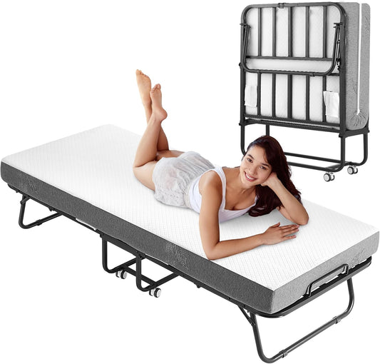 Folding Bed with Foam Mattress for Guests, Portable Design