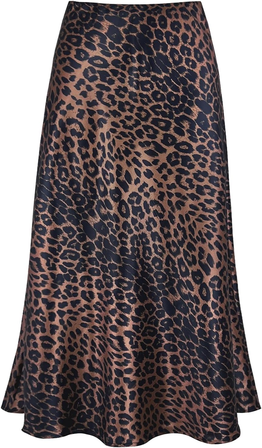 Women's Satin High Waist Flared Casual A Line Midi Skirt