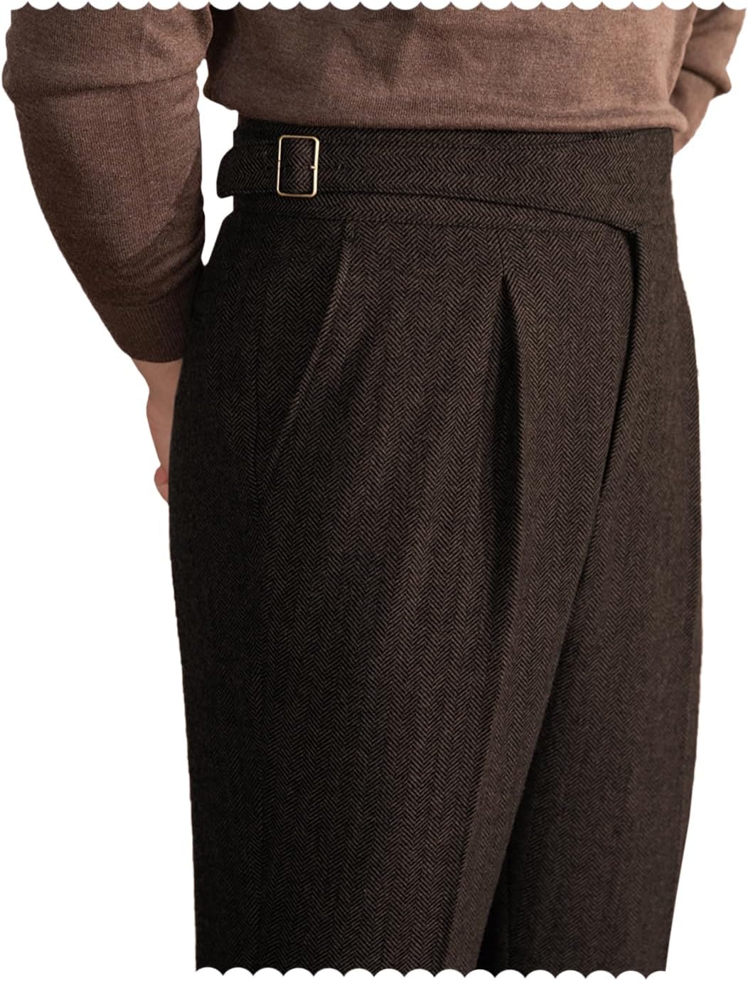 Men Trousers Vintage Tweed Blend Pants Herringbone Slim Fit