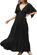 Kikibell Women Summer V-Neck Maxi Dress - Flowy Tiered Backless Style
