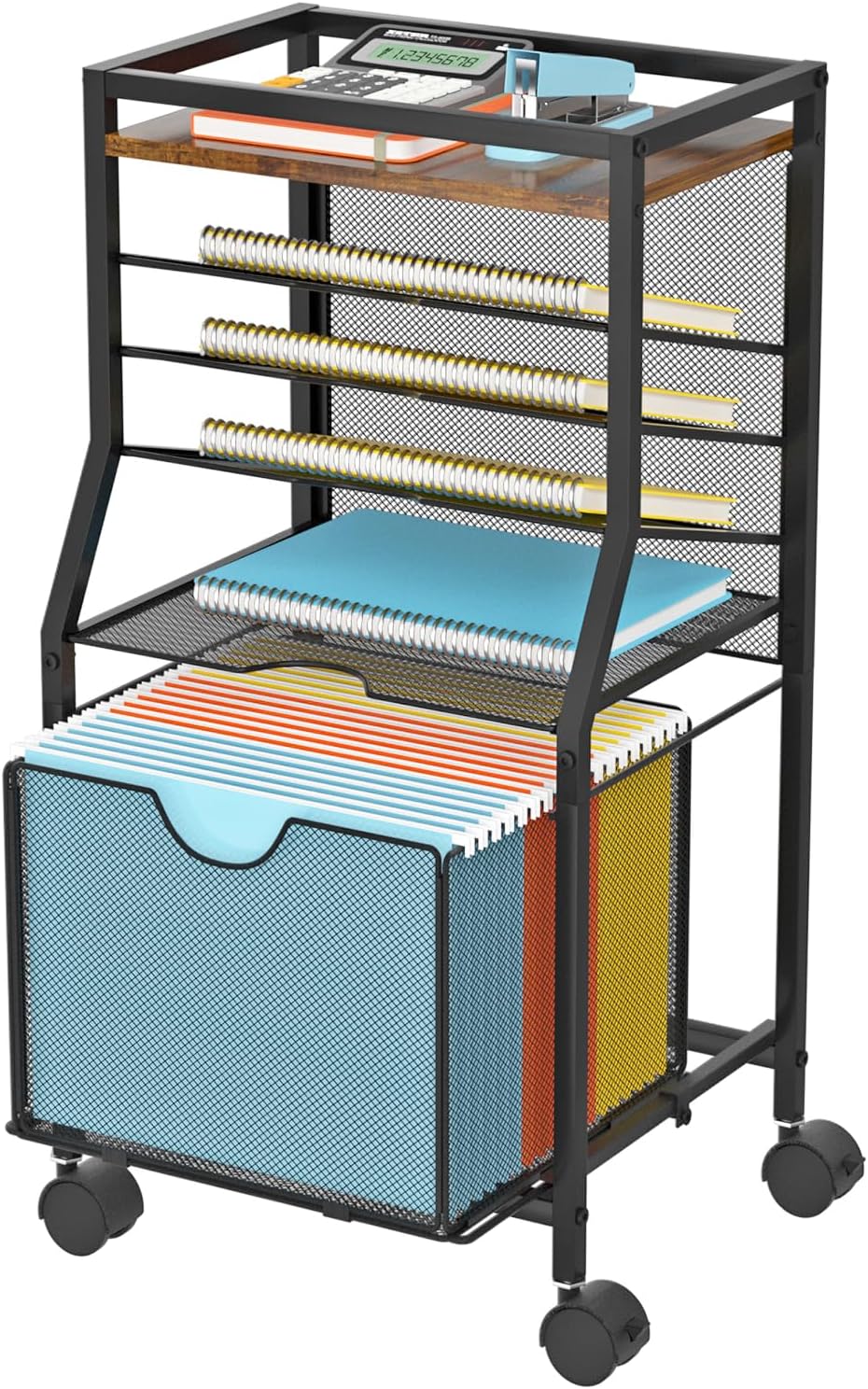 6-Tier Rolling File Cart, Lockable Wheels, Drawer, Trays - Organize Efficiently!