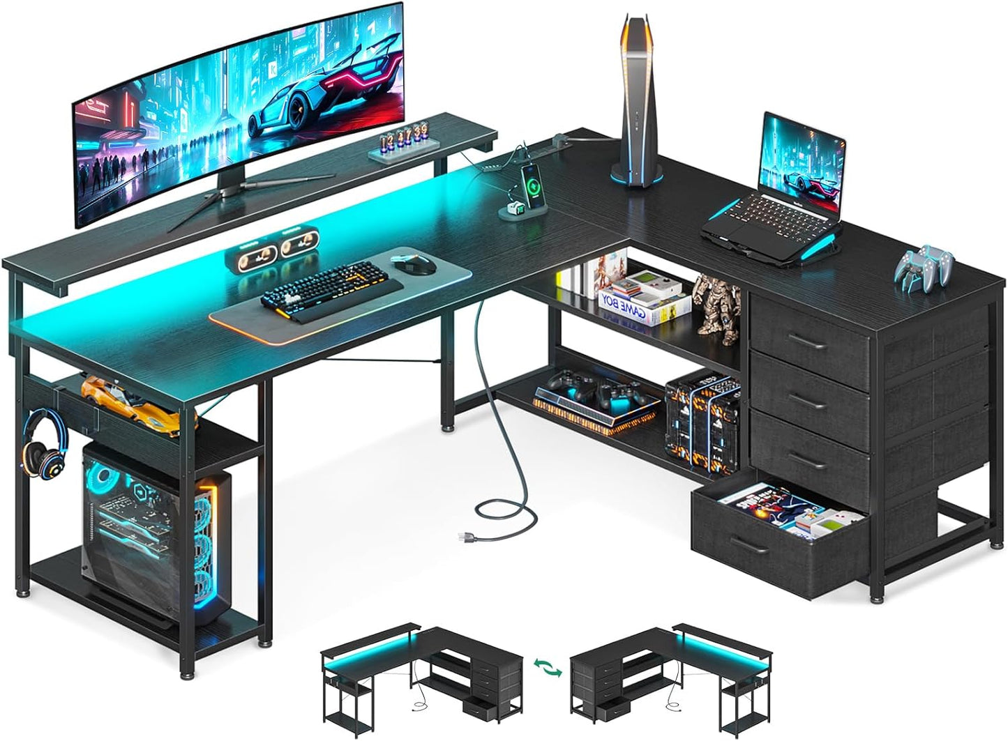 Modern L-Shaped Desk with Power Outlets & LED Lights