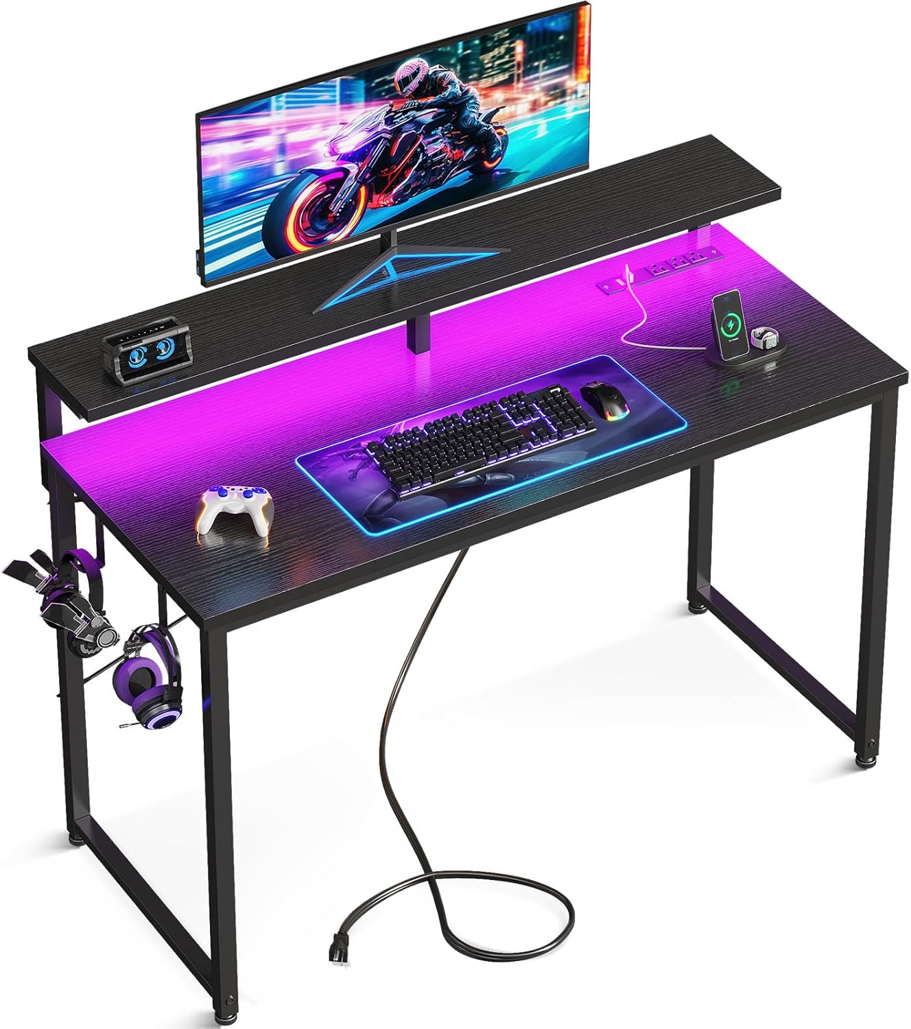 Compact Gaming Desk with LED Lights & Power Outlet