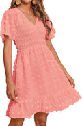 Womens Beach Vacation Dress V Neck Smocked Swiss Dot Mini - Flowy 4-6