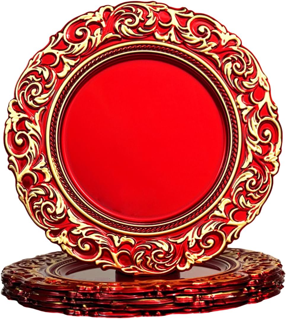 Red Charger Plates with Gold Embossed Rim for Elegant Dining