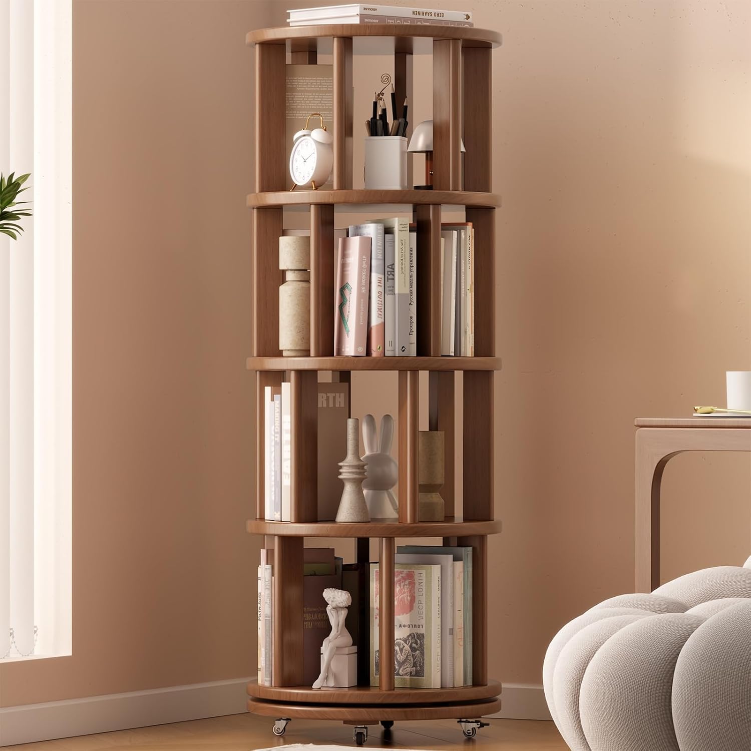 Solid Wood Rotating Bookshelf on Wheels for Small Spaces
