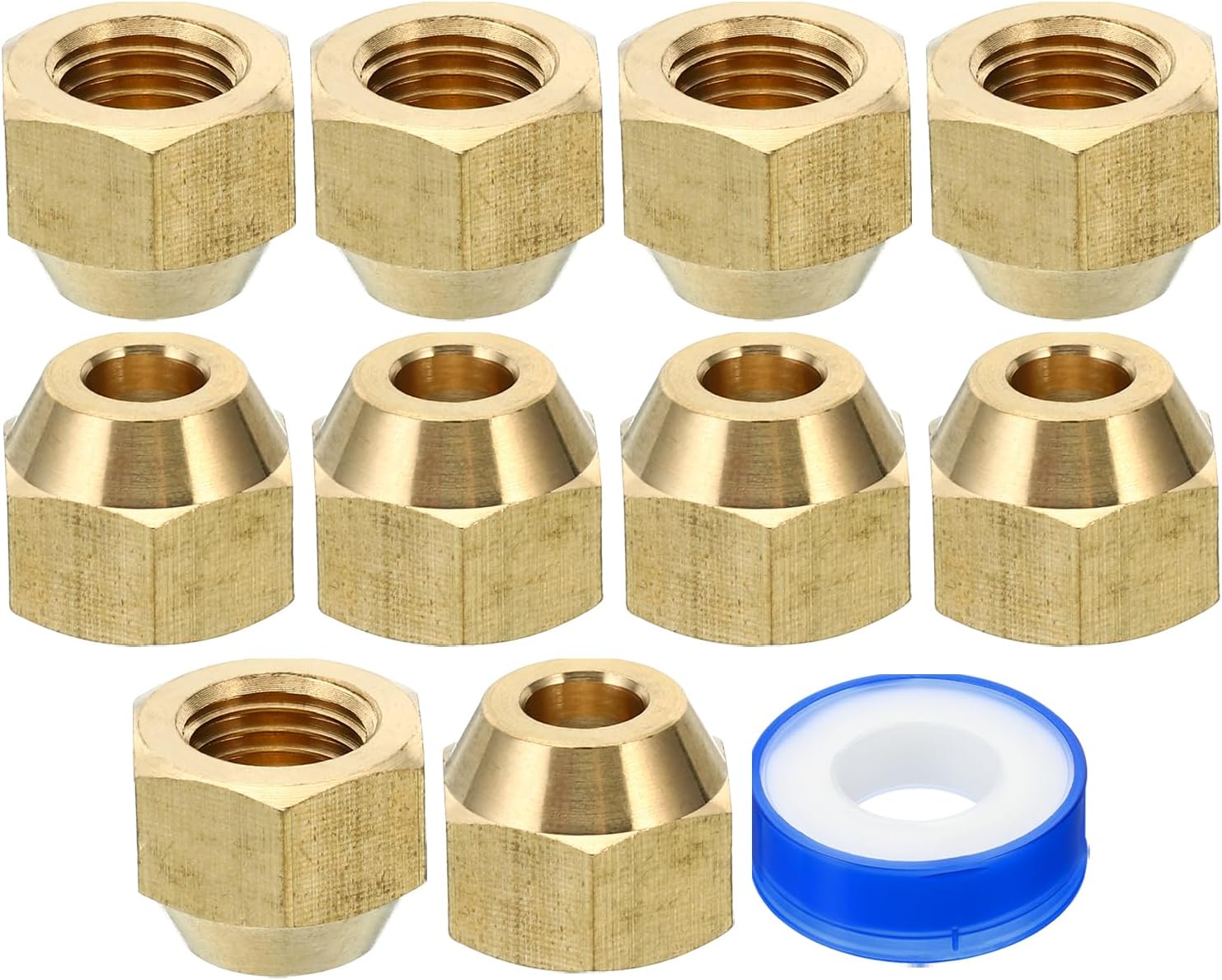 10pcs Brass Flare Nut Set 1/4, SAE 45 Copper Fitting for Air Conditioner Water Gas Line