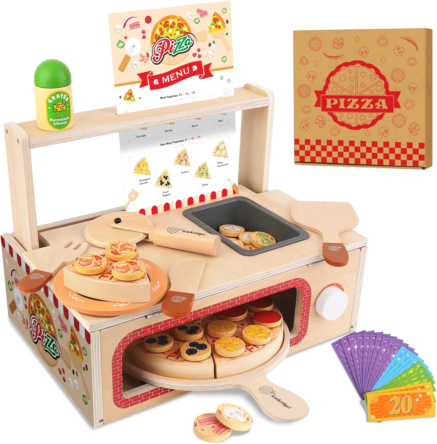 Wooden Pizza Toy Set for Kids - 68PCS Montessori Play Food