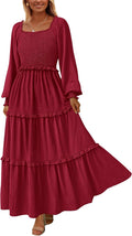 Fall Smocked Square Neck Swiss Dot Maxi Dress - Flowy Tiered Style