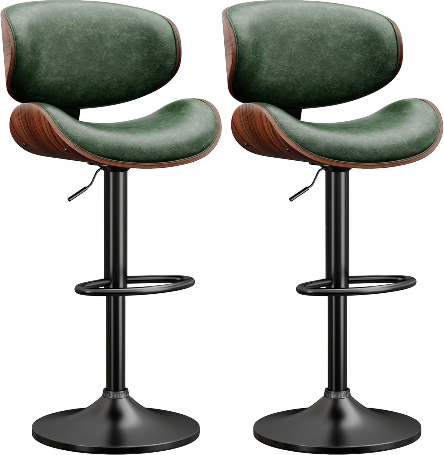Modern PU Leather Adjustable Swivel Bar Stools Set of 2 Green