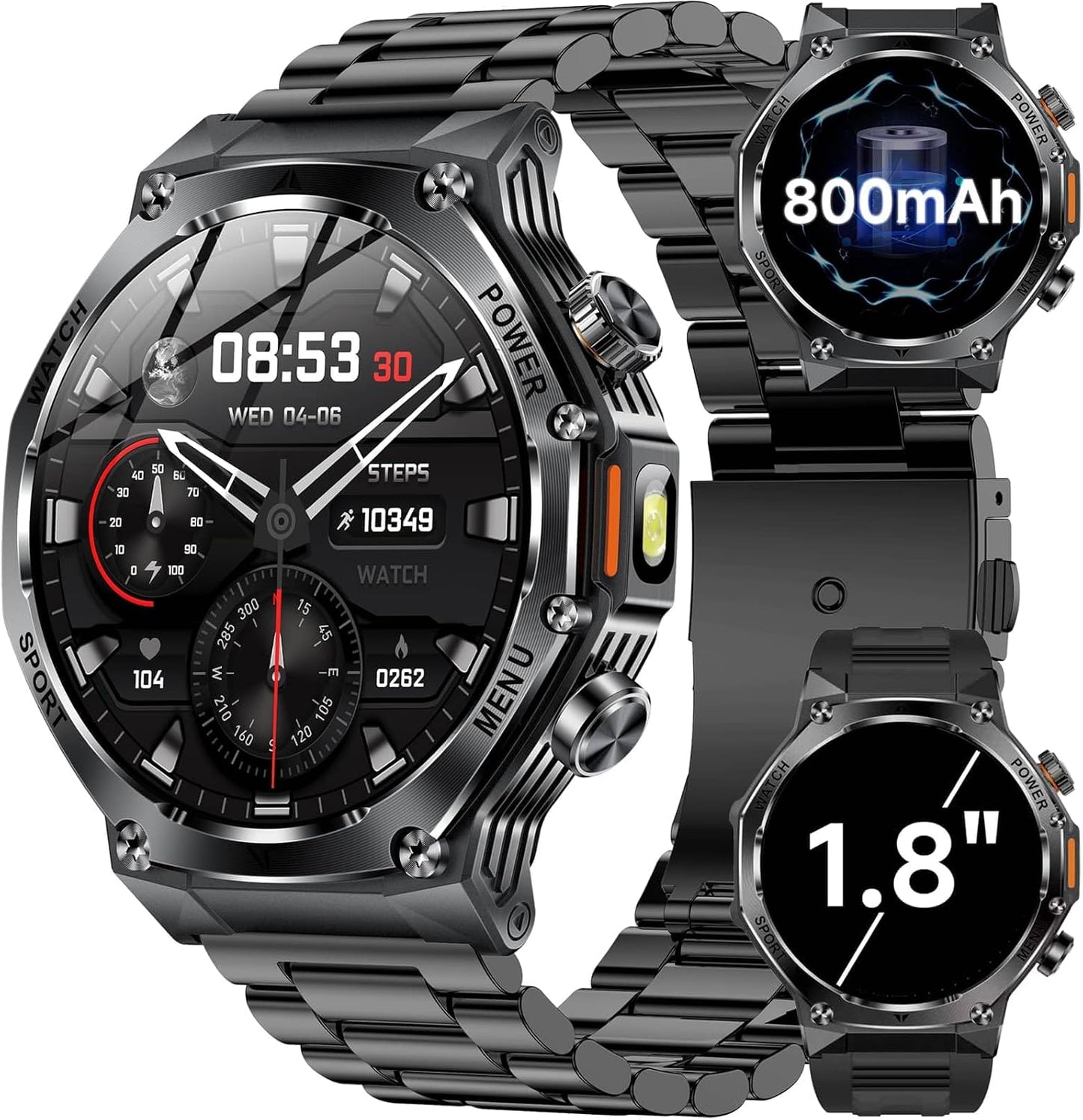 Military Smart Watch for Men with 800mAh Battery and LED Flashlight