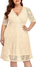 Women's Plus Size Wedding Guest Lace Wrap V Neck Knee Length Dress