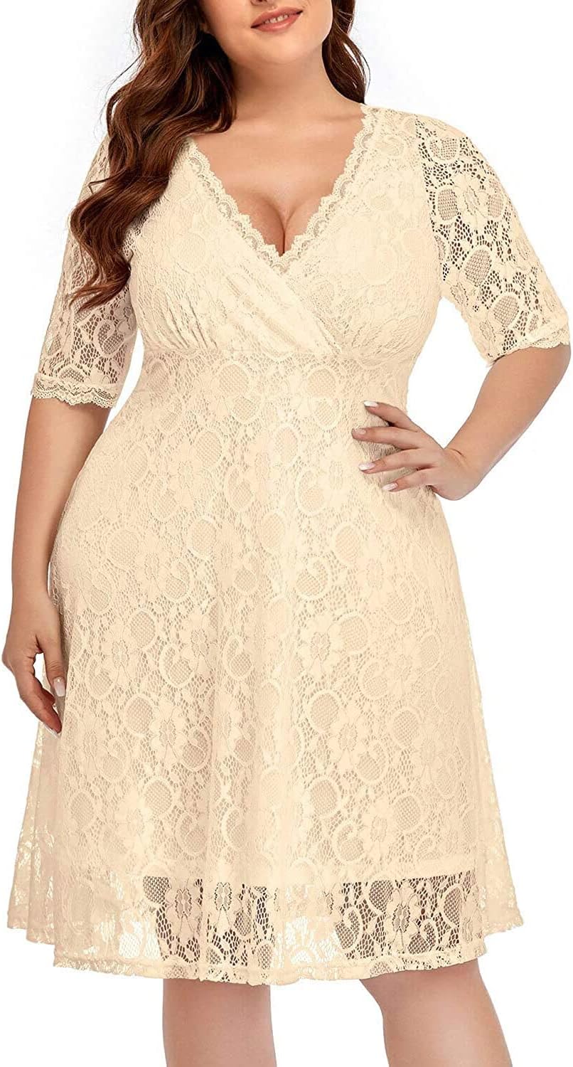 Elegant Plus Size Wedding Guest Lace Wrap V Neck Dress