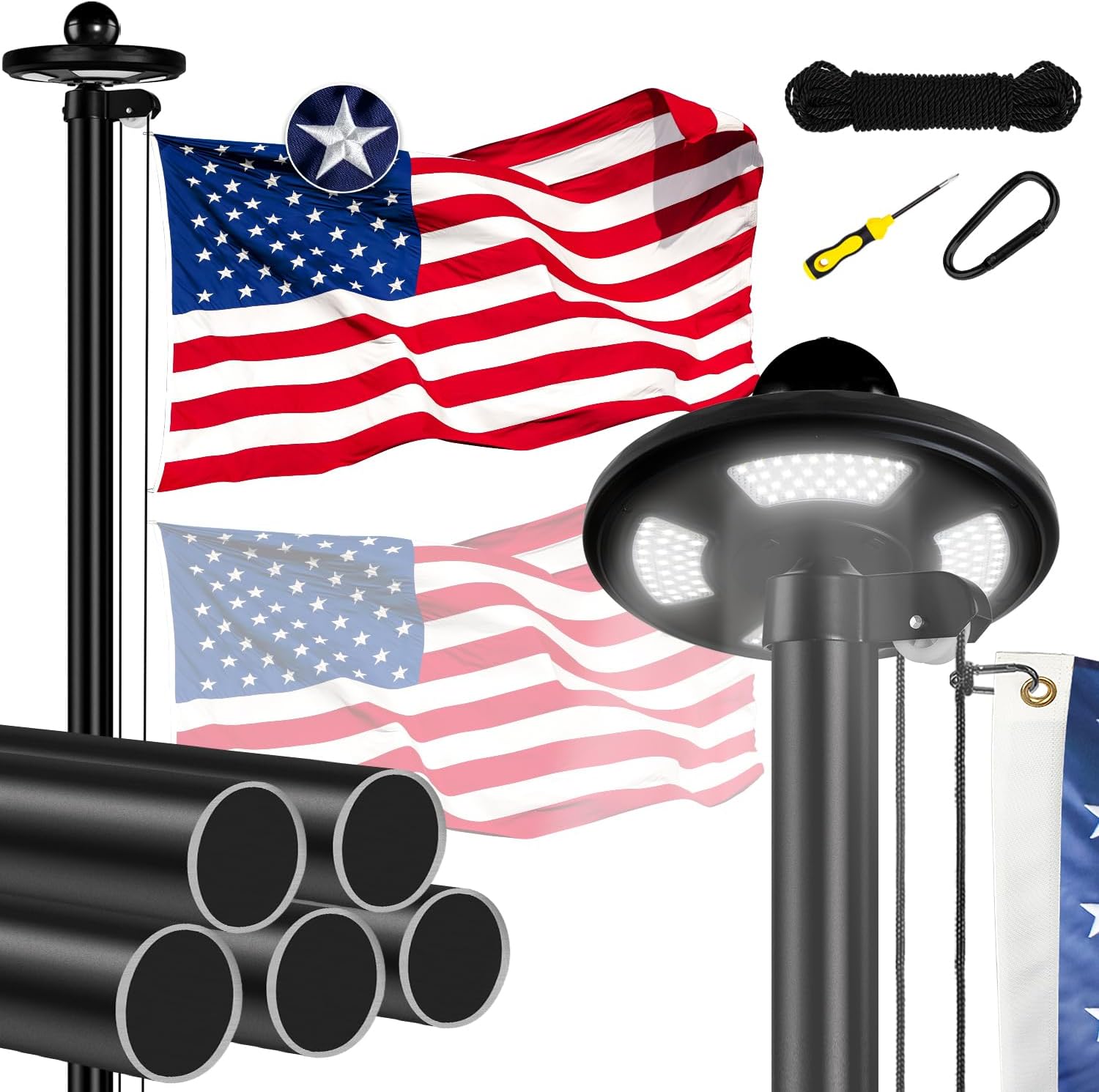 Heavy Duty Flag Pole Kit with Solar Light for Outdoor Use