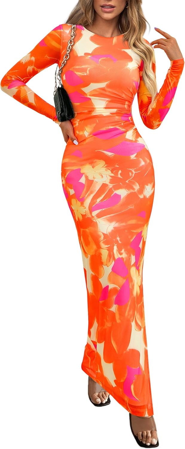 Bodycon Maxi Dress for Women with Floral Print and Long Sleeves