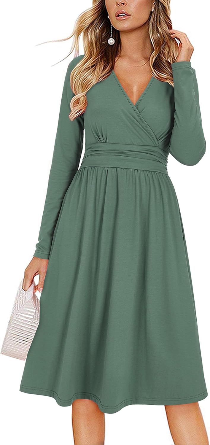OUGES Women's Fall Long Sleeve Dress with Pockets for Weddings