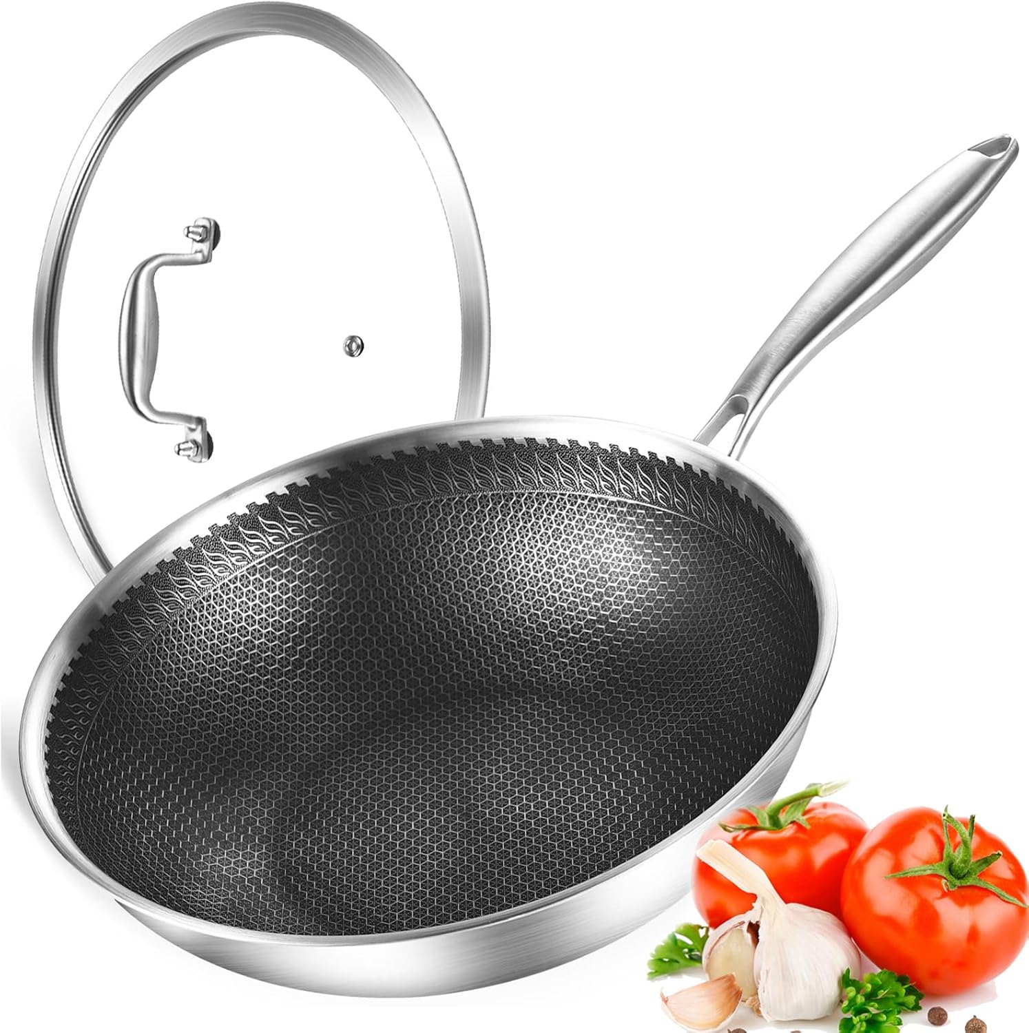 DELARLO 12in Nonstick Wok Pan with Lid for Healthy Cooking