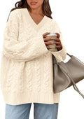 Okiwam Oversized Cable Knit V Neck Sweater - Cozy Fall Staple
