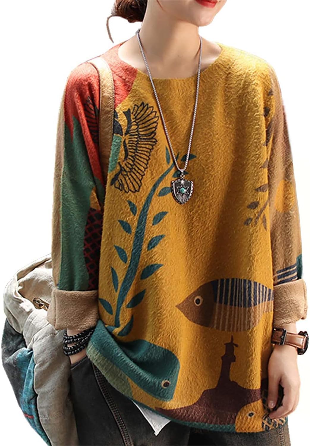 YESNO Women Christmas Sweater Graphic Printed Oversized Pullover