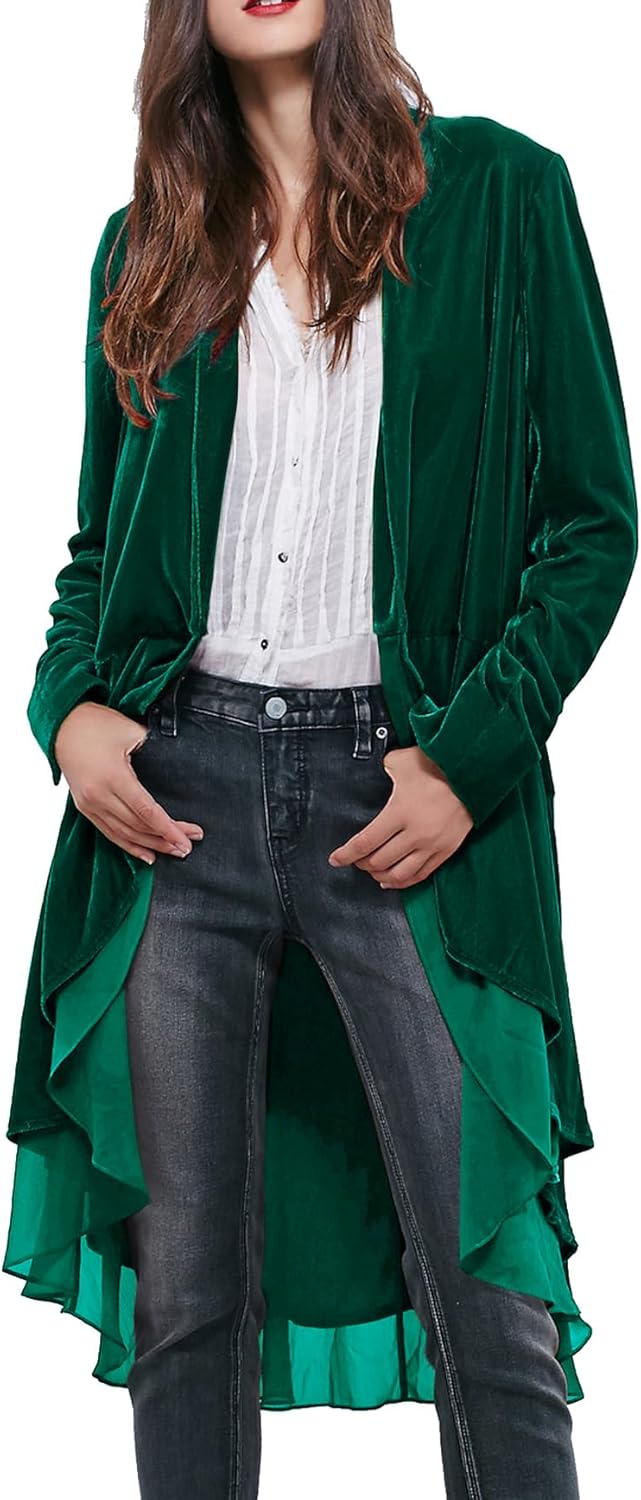 Ruffled Asymmetric Long Velvet Blazers for Women - Stylish Coat