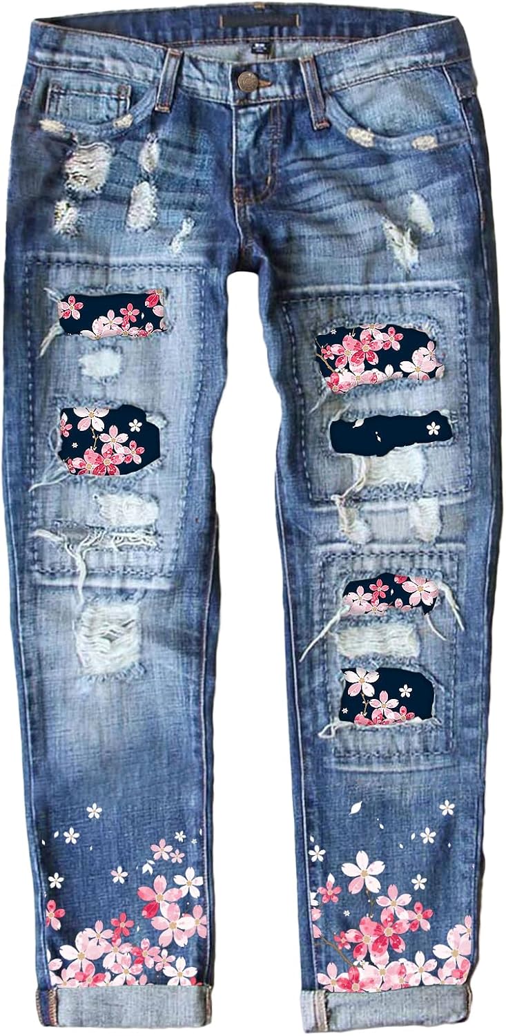 EVALESS Ripped Jeans for Women with Plaid Patch Design