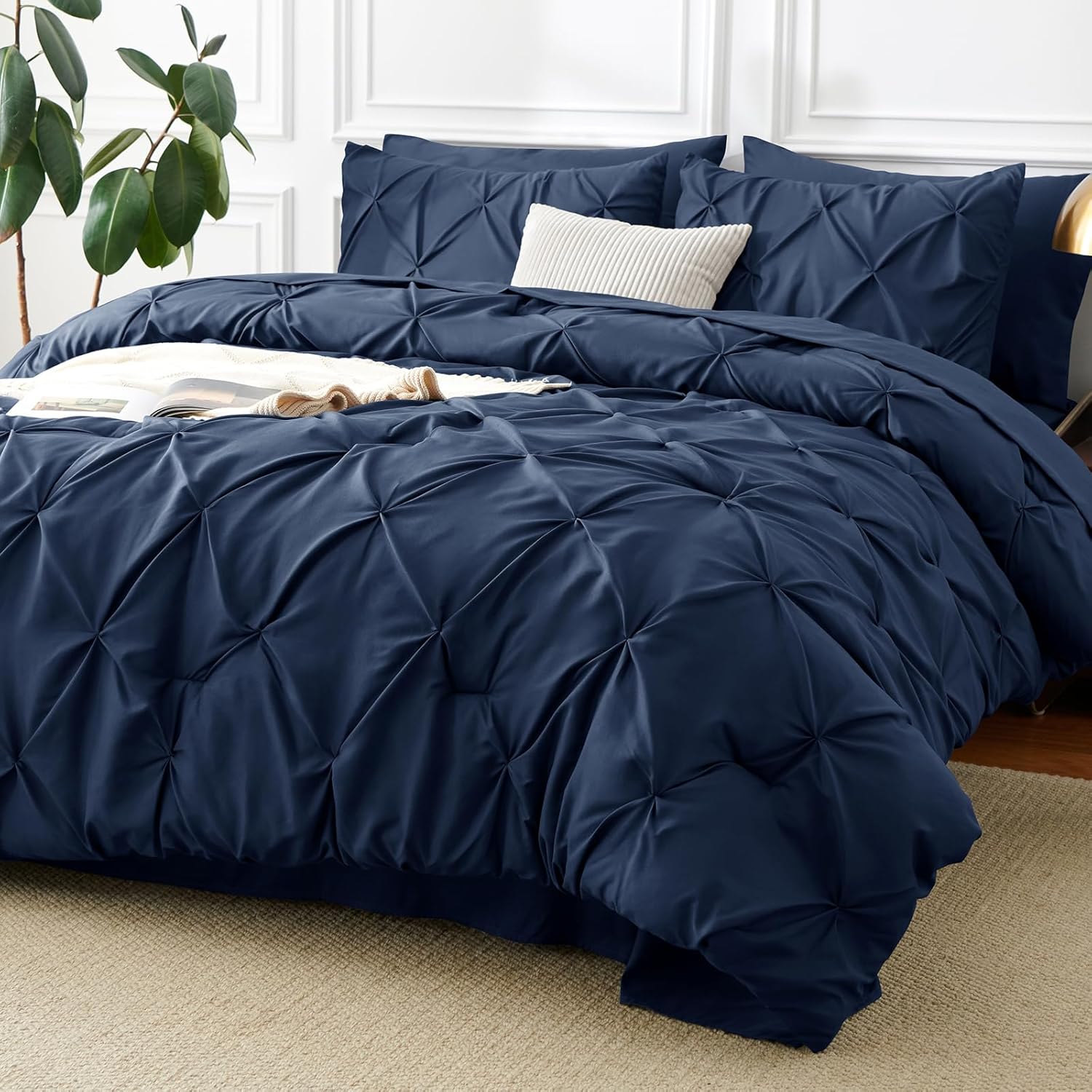 CozyLux Queen Comforter Set Navy Blue, 7 Pieces Pintuck Bed
