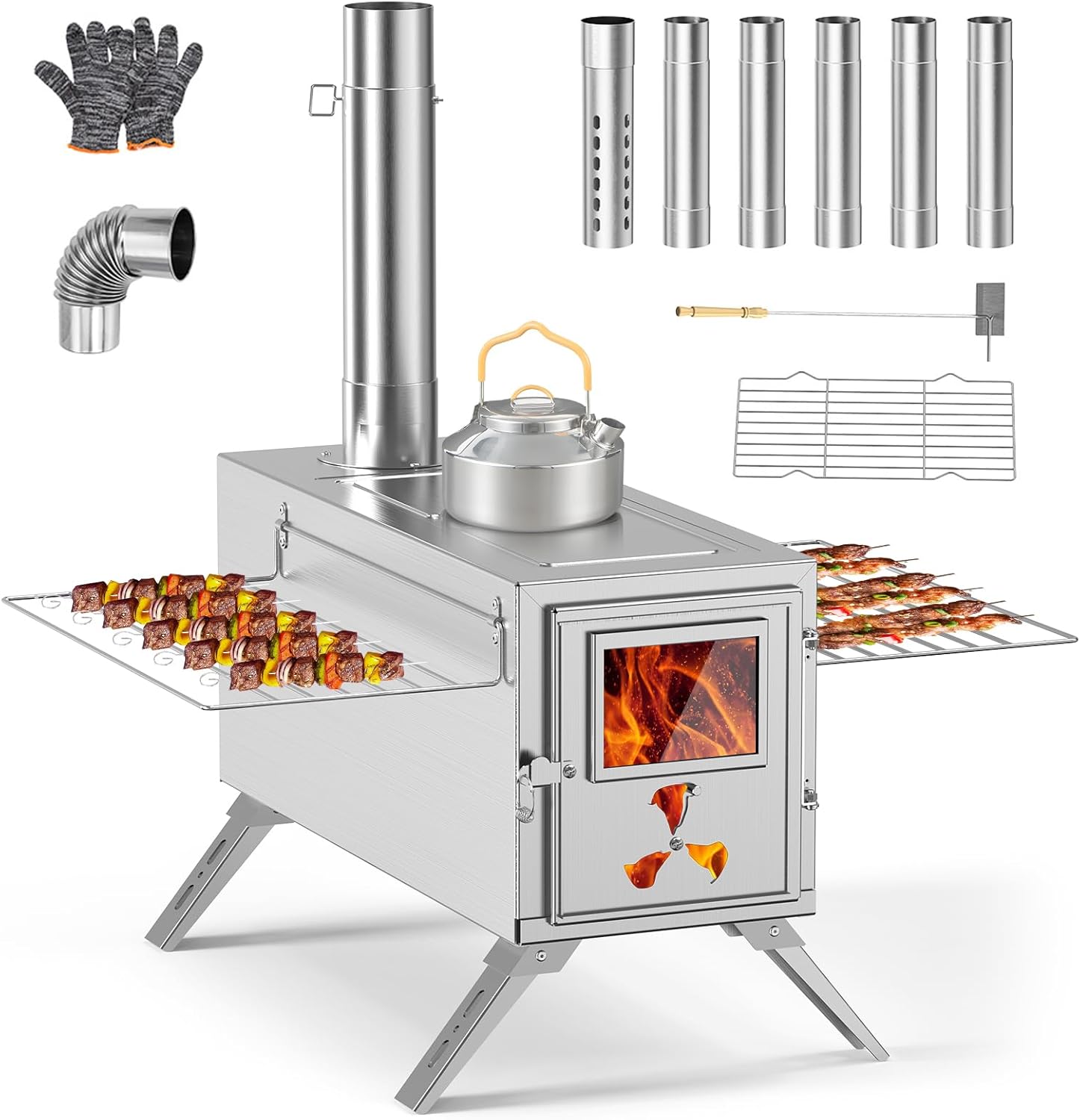 Portable Wood Burning Stove with 7 Chimney Pipes - Meulbaty