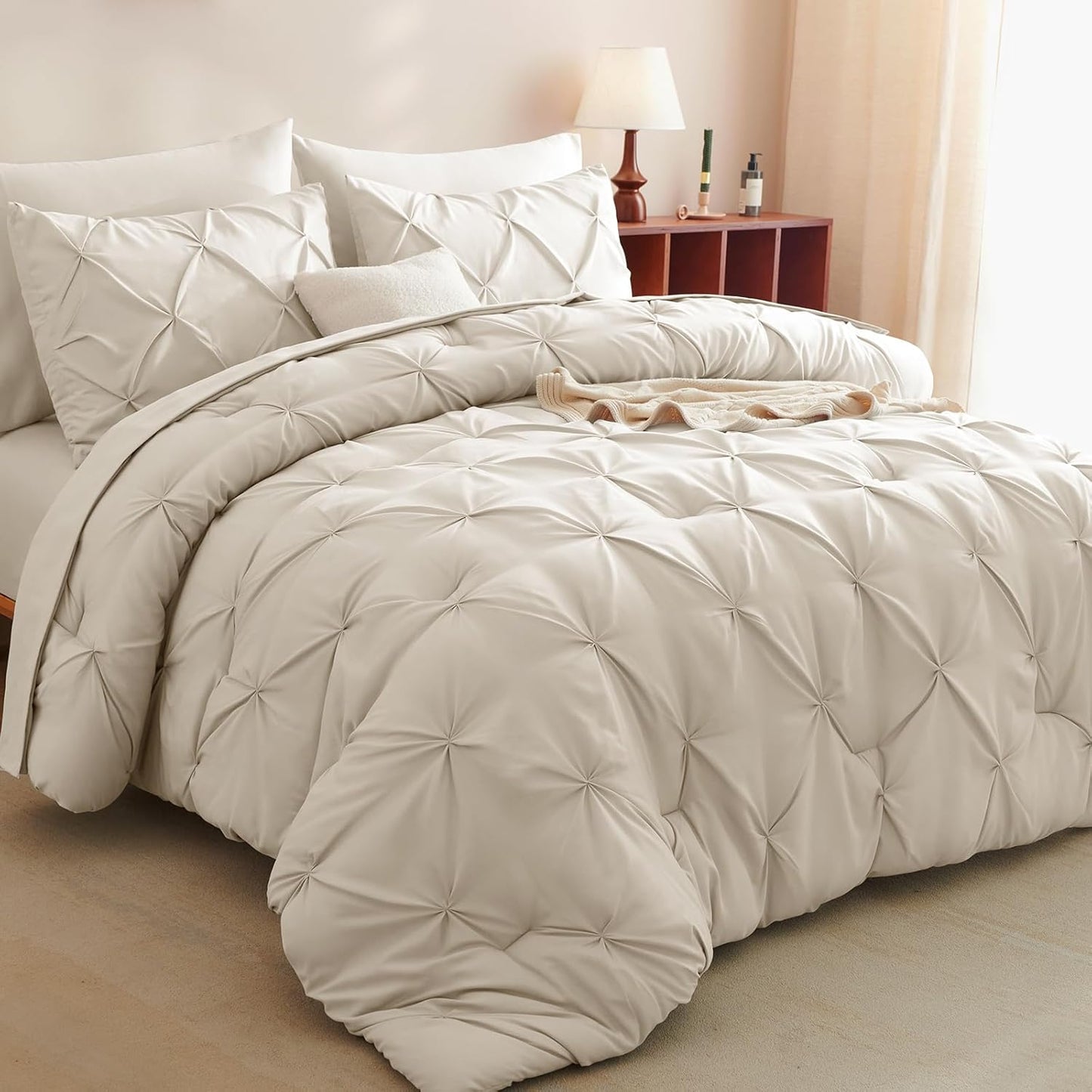 CozyLux Queen Comforter Set Beige - 7 Piece Pintuck Bed Set