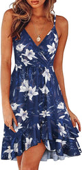 Womens Summer Floral V Neck Spaghetti Ruffle Dress - Flowy Fit