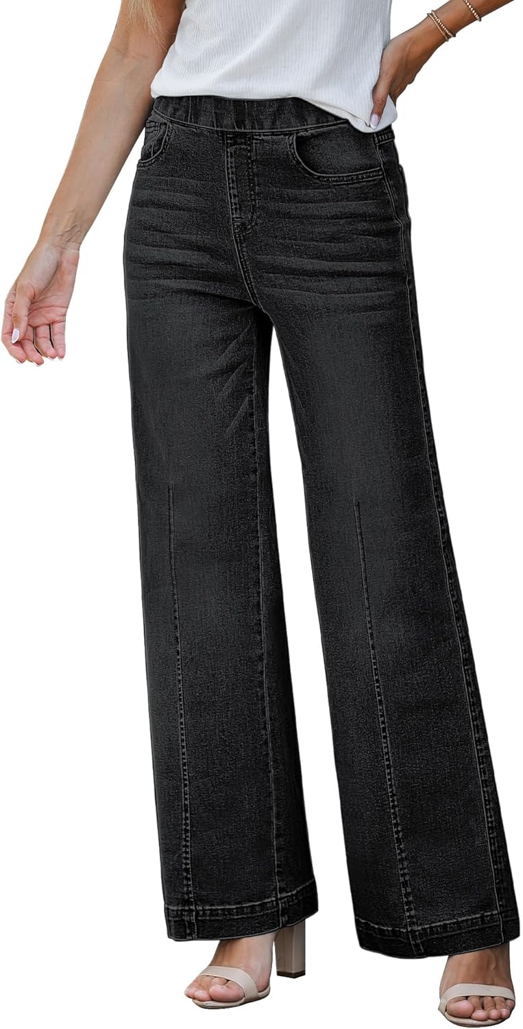 GRAPENT Pull On Womens Jeans Baggy Stretchy High Waisted Denim
