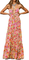 Womens Summer Floral Spaghetti Strap Backless Smocked Flowy Maxi Dress