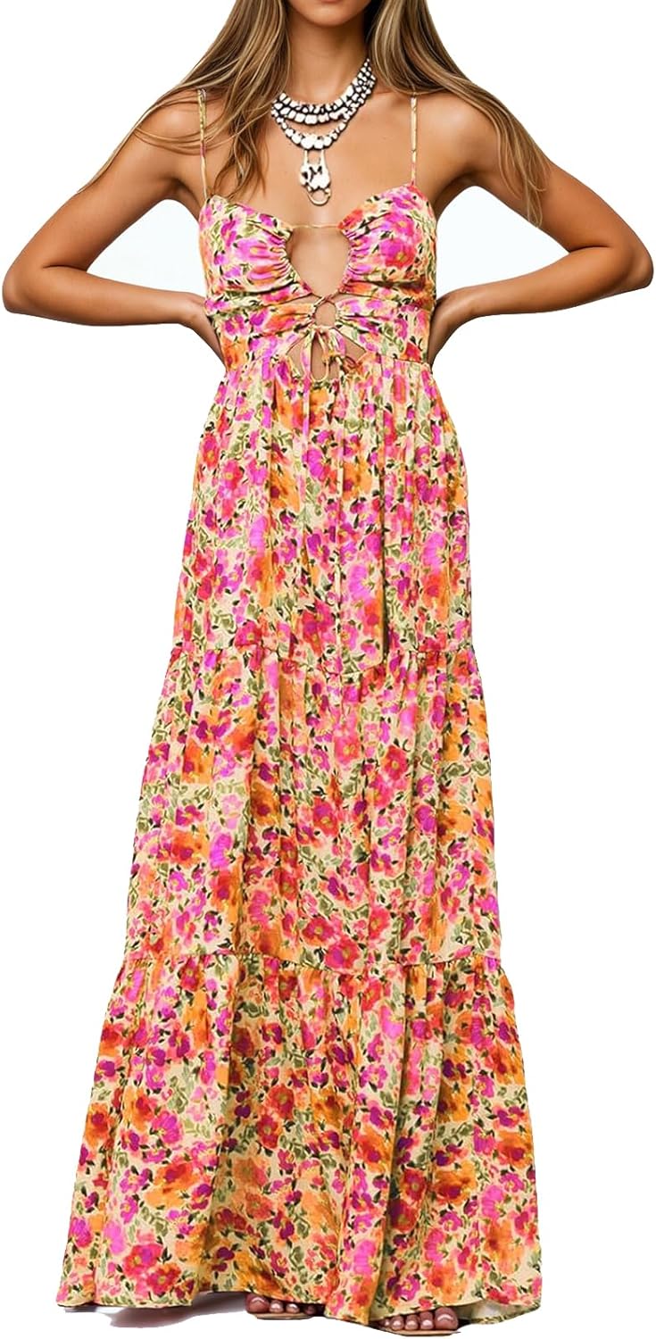 Womens Summer Floral Spaghetti Strap Backless Maxi Dresses