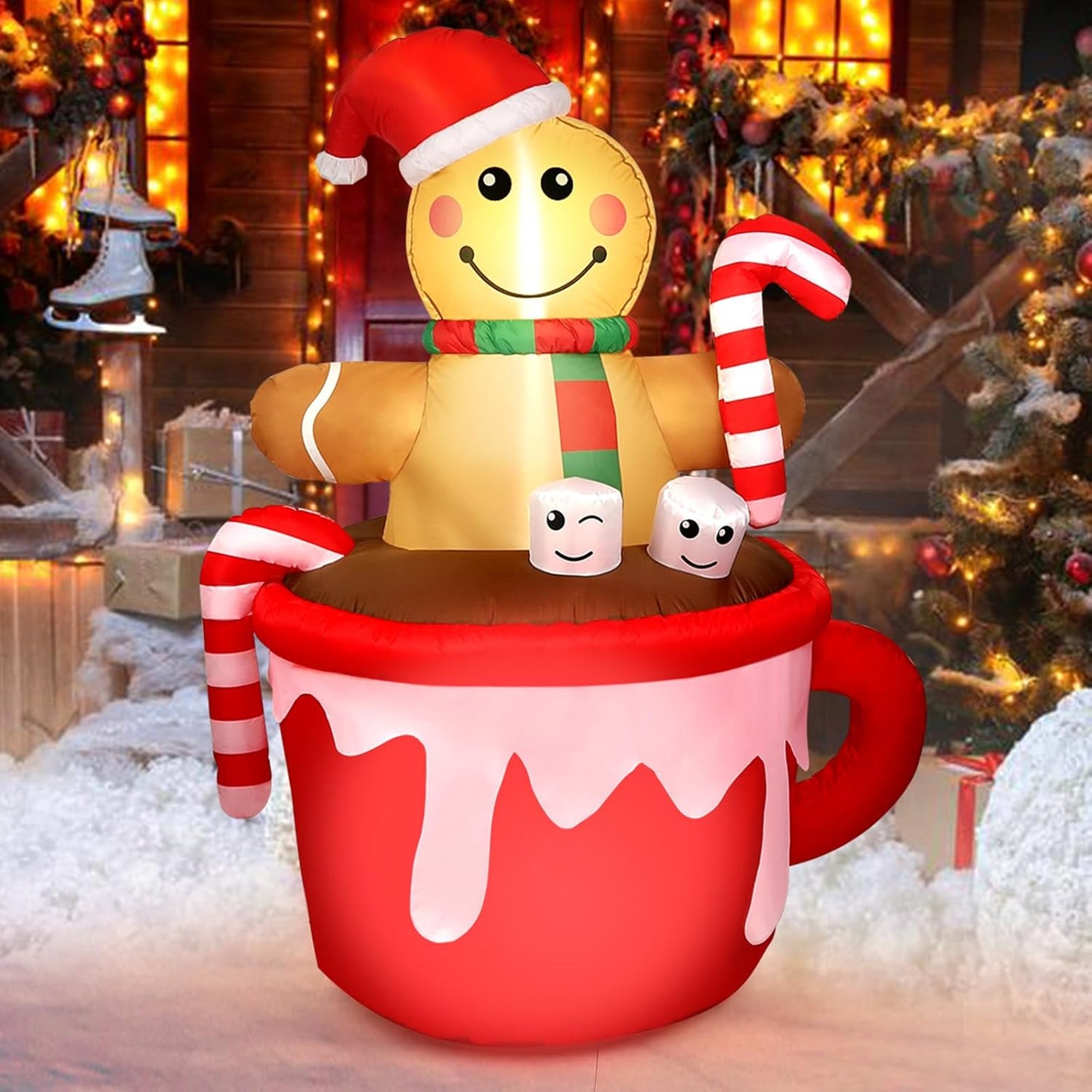 5FT Christmas Inflatable Gingerbread Man in Coffee Mug Decor