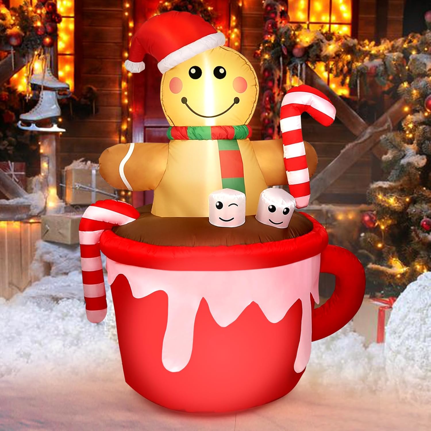 5FT Christmas Inflatable Gingerbread Man in Coffee Mug Decor
