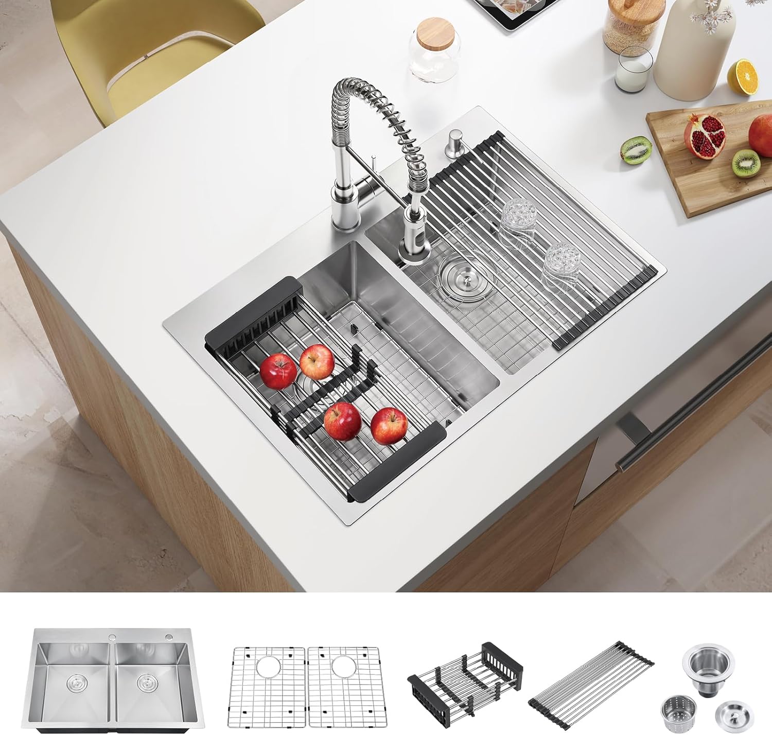 33 Inch Large Double Bowls Drop in Kitchen Sink for Modern Homes
