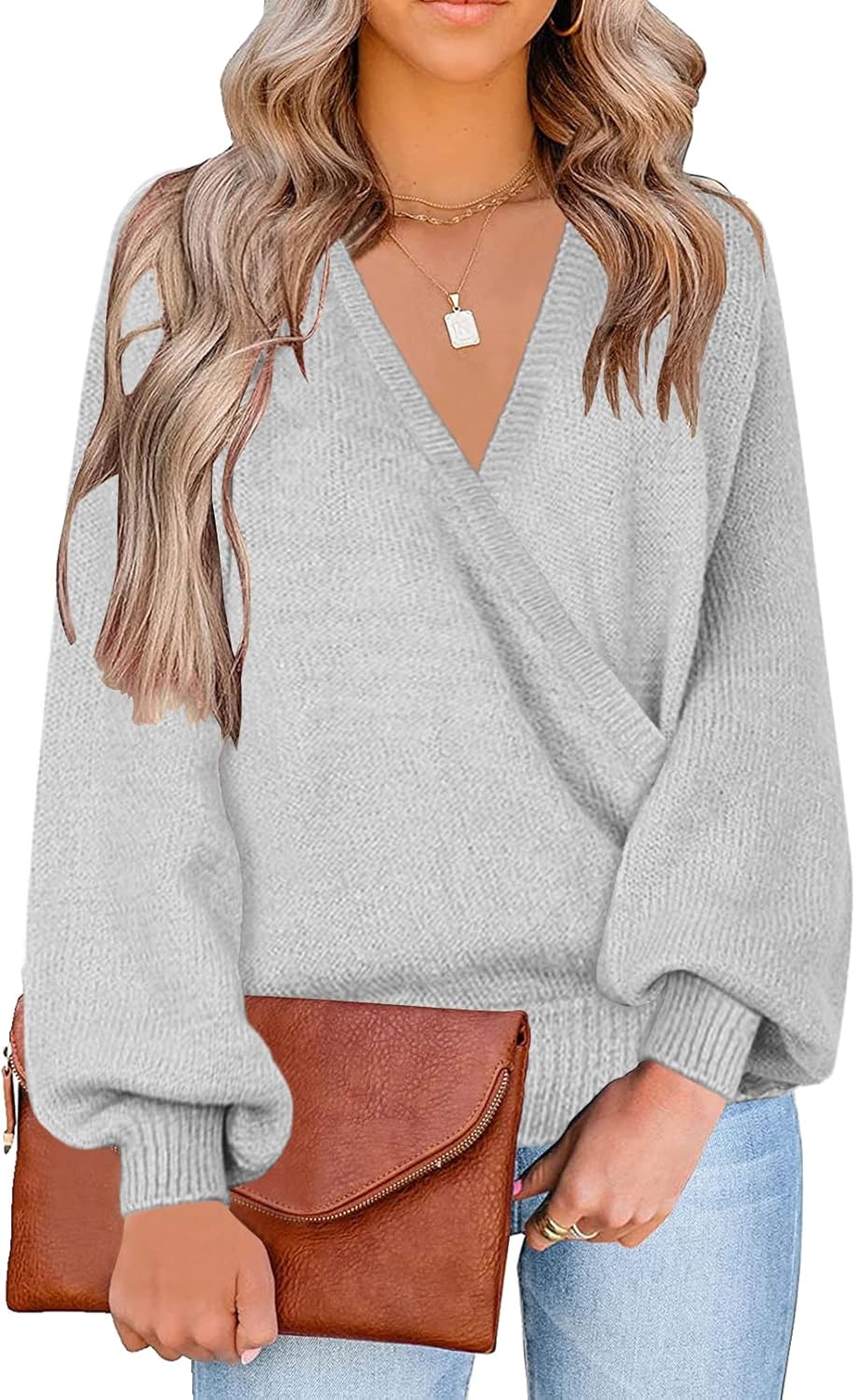 Knit Long Sleeve Faux Wrap Surplice V Neck Sweater Top Review