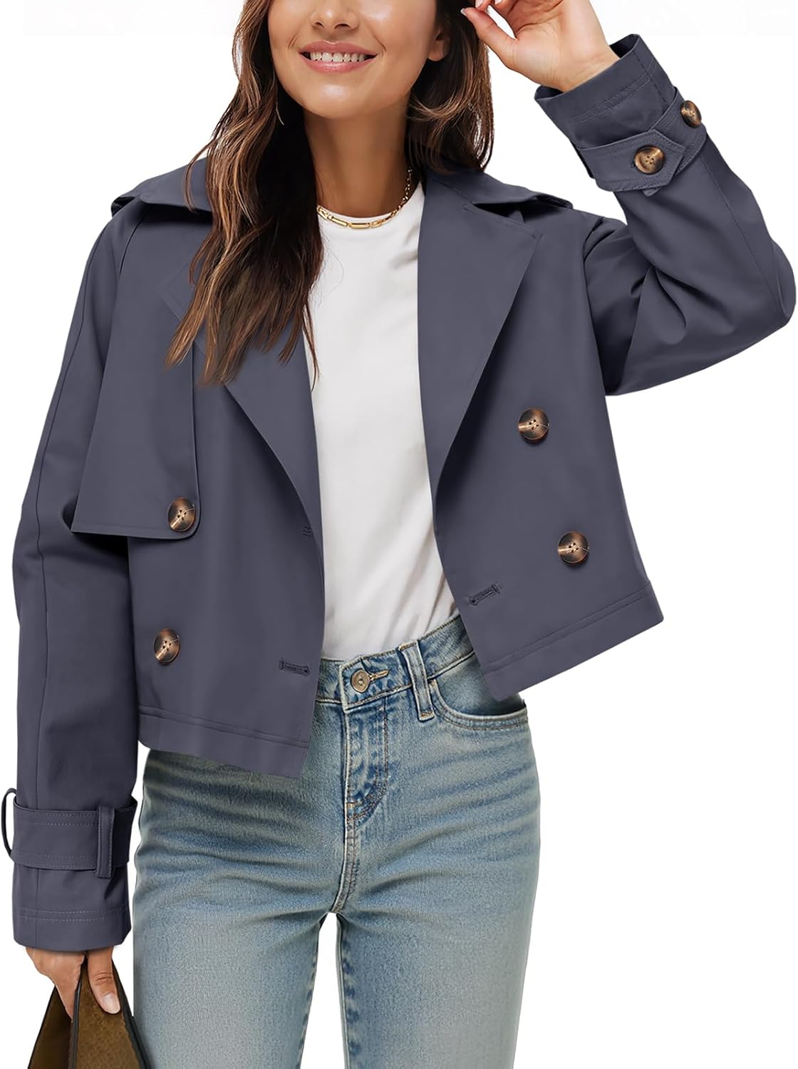 Cropped Trench Coat for Women - Stylish Double Breasted Jacket