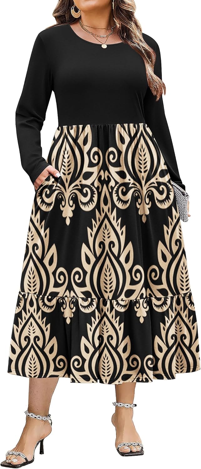 Plus Size Long Sleeve Dress with Pockets for Women Casual Wear