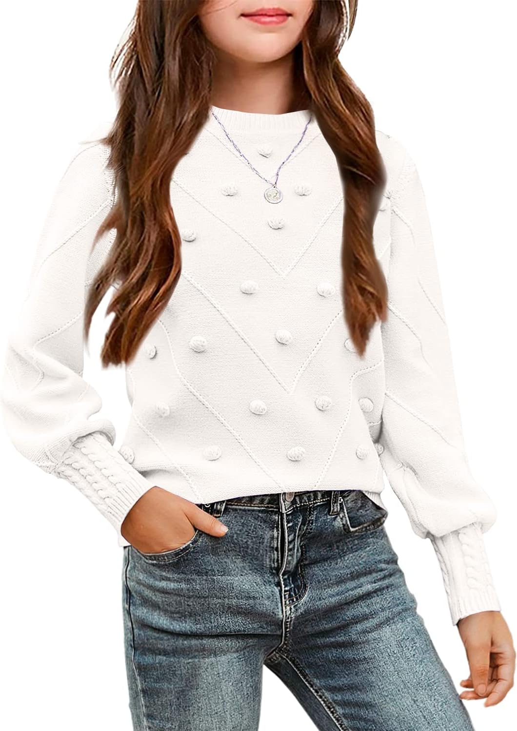 Arshiner Kid Girls Crew Neck Lantern Sleeve Sweater Jumper