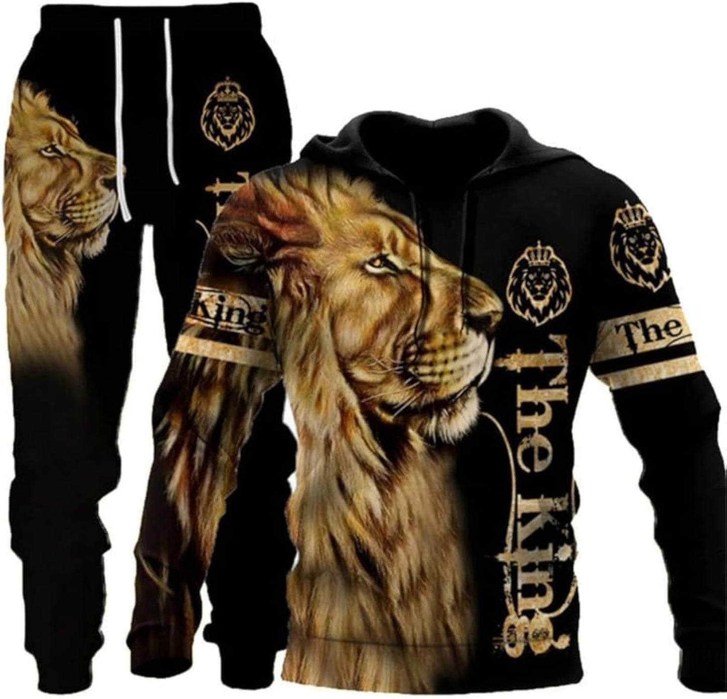 3D Printed Wolf & Lion Hoodie Pants Suit for Men - Casual Set