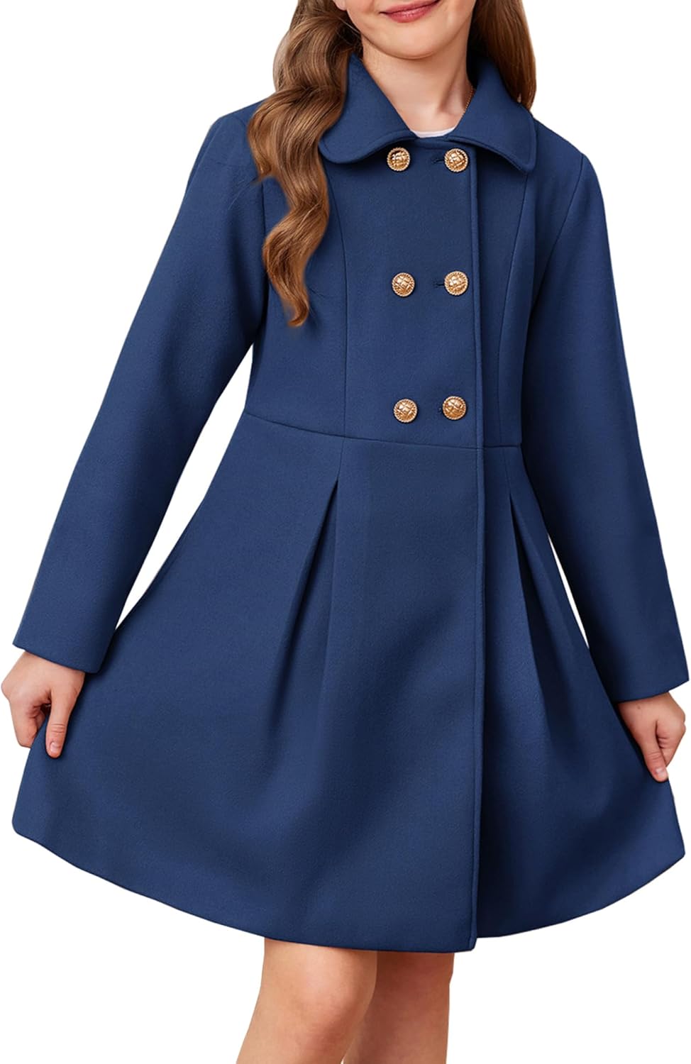 Warm Girls Dress Coat Peacoat with Lapel Pockets for Kids