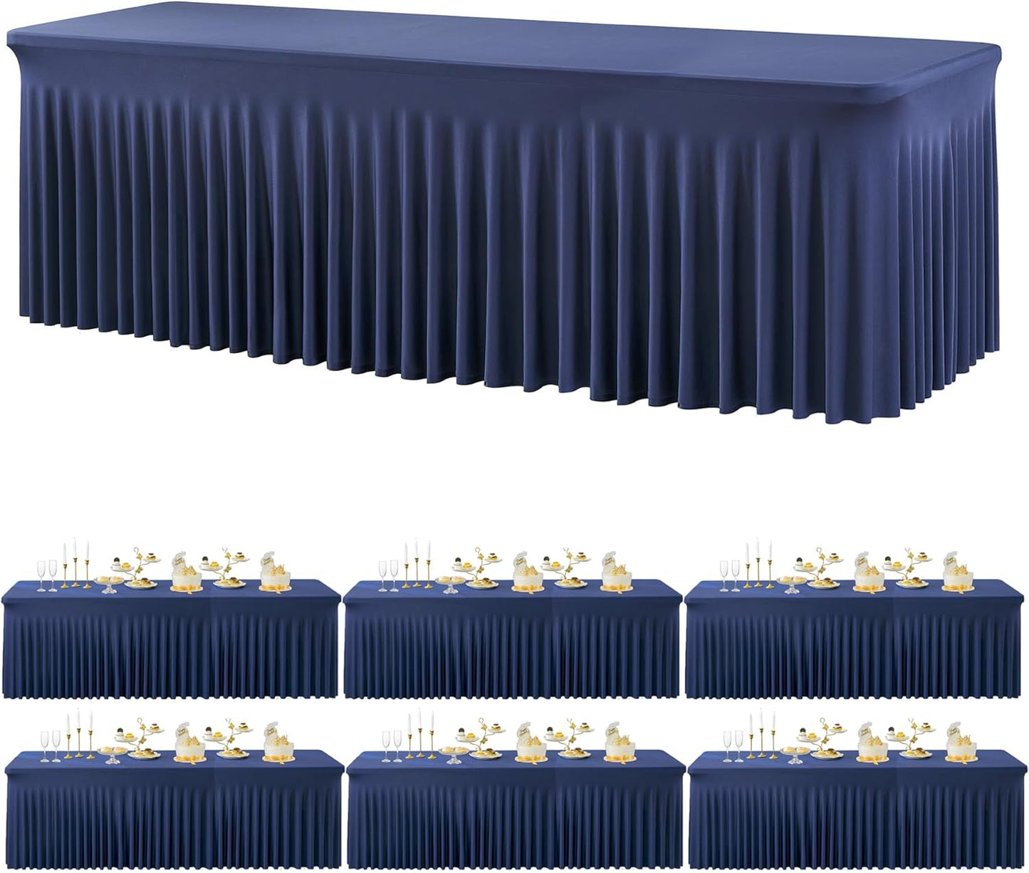 6 Pack Navy Blue Spandex Tablecloths for 8 Foot Tables