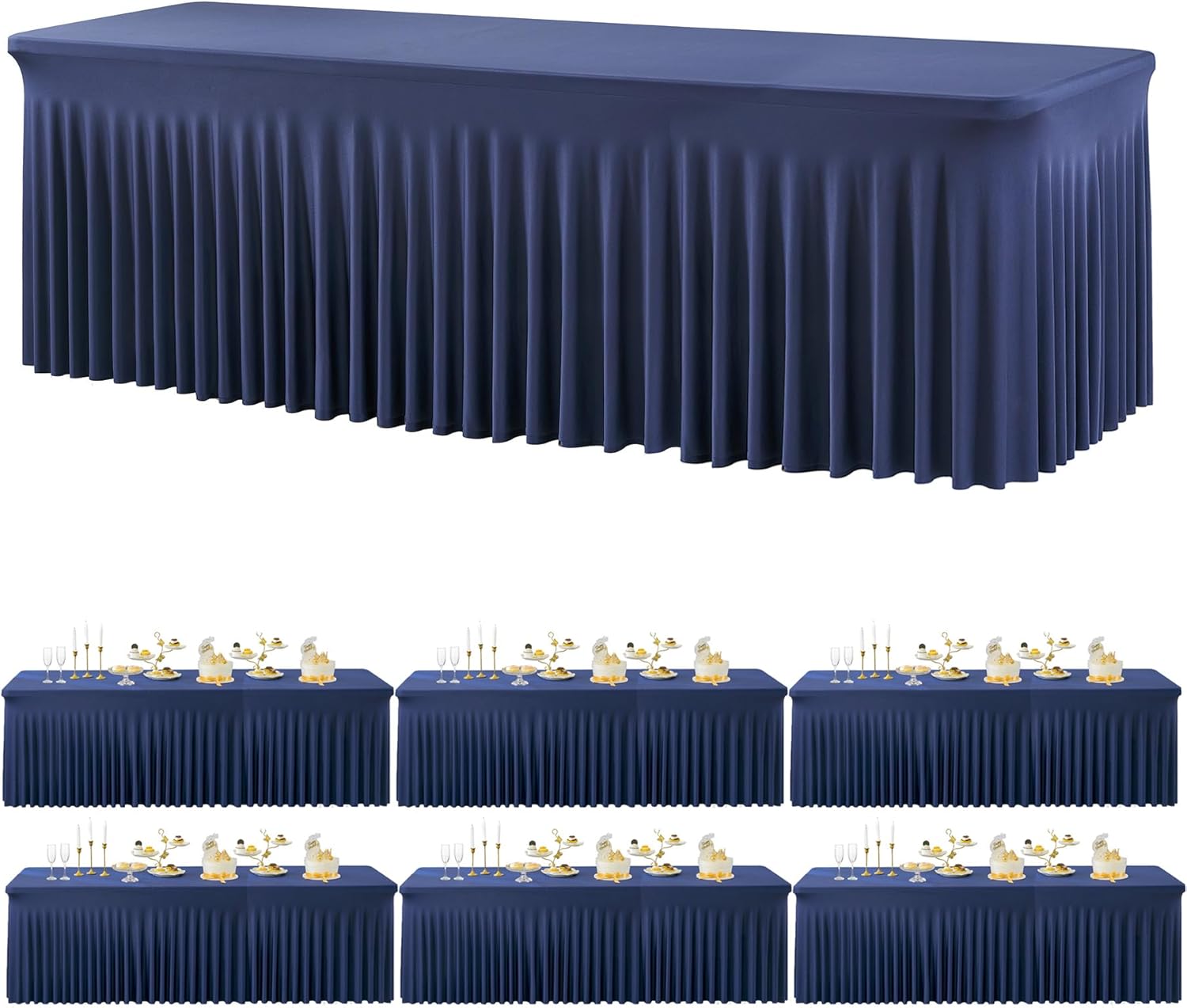 6 Pack Navy Blue Spandex Tablecloths for 8 Foot Tables