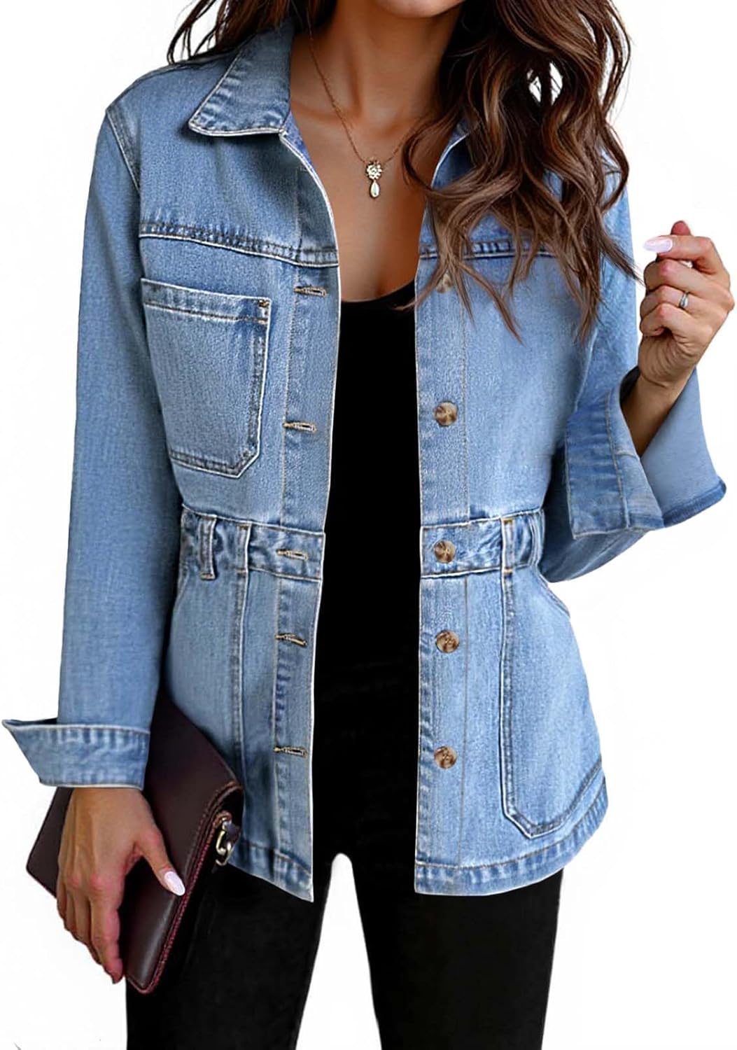 Oversized Distressed Denim Jacket for Women with Pockets