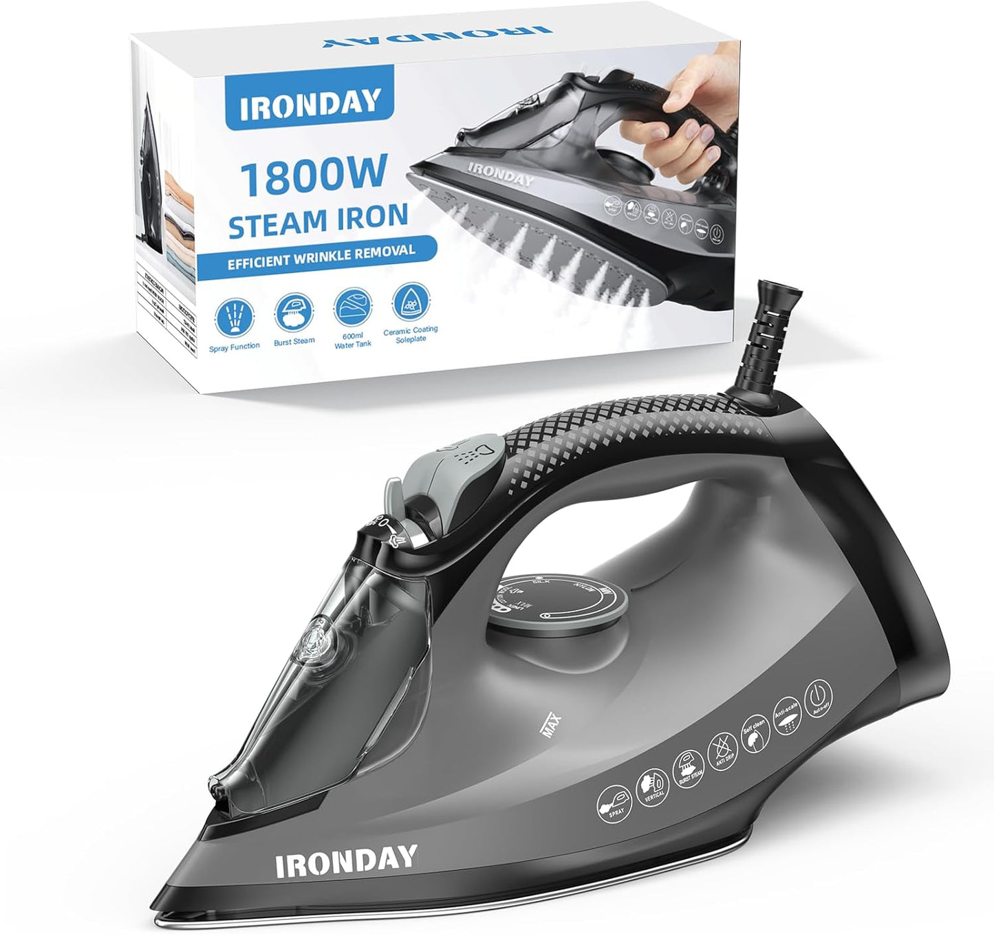 Steam Iron for Clothes with 1800W Power and 20.28oz Tank
