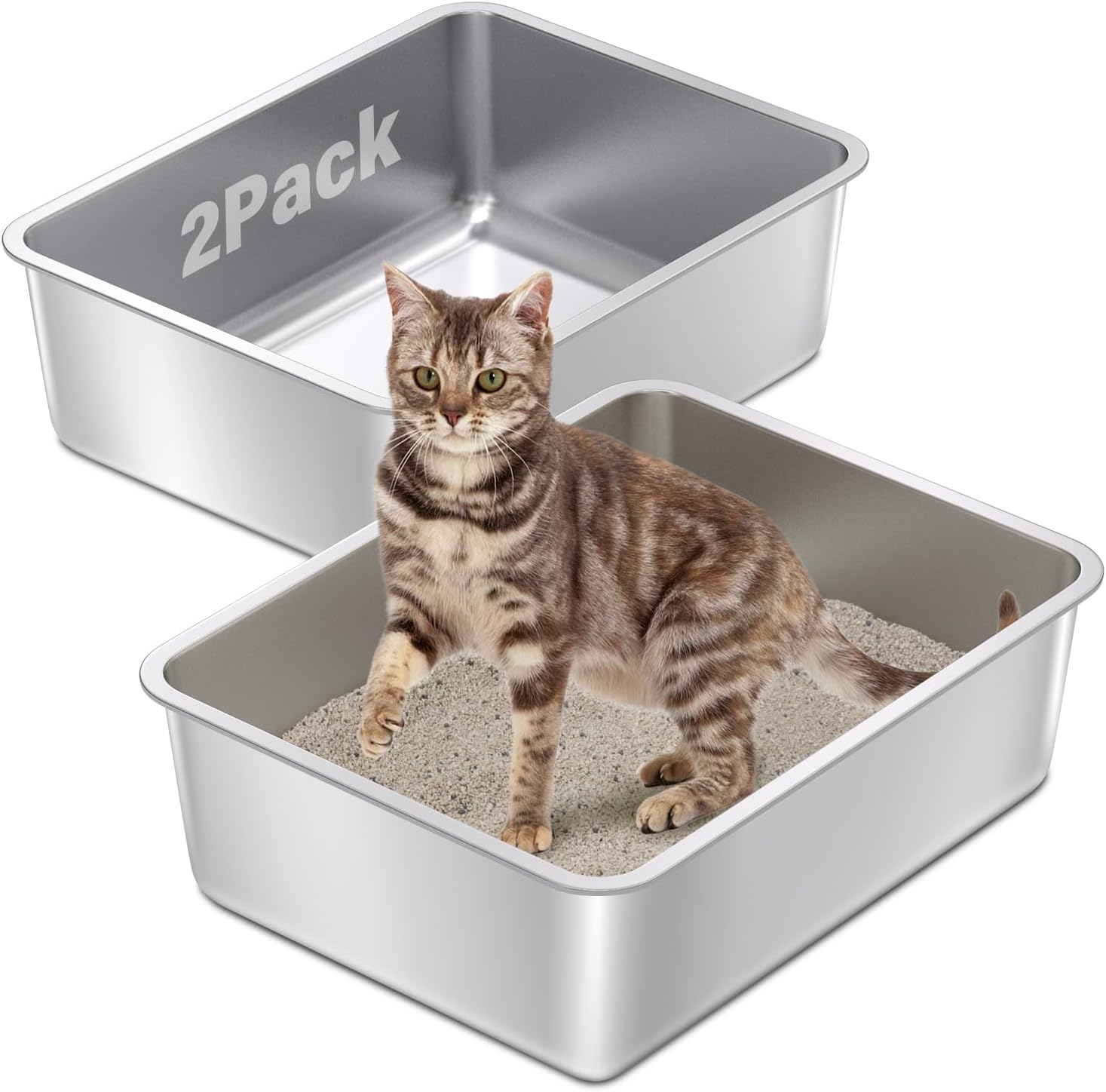 Stainless Steel Cat Litter Box 2Pack for Easy Cleaning and Durability