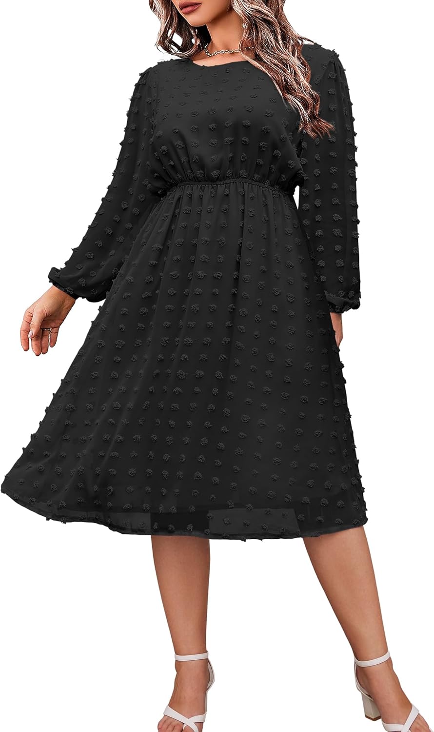 IN'VOLAND Women's Plus Size Swiss Dot Long Sleeve Dress Review