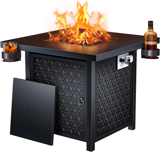 28 Inch Propane Fire Pit Table with Cup Holders for Outdoor Fun